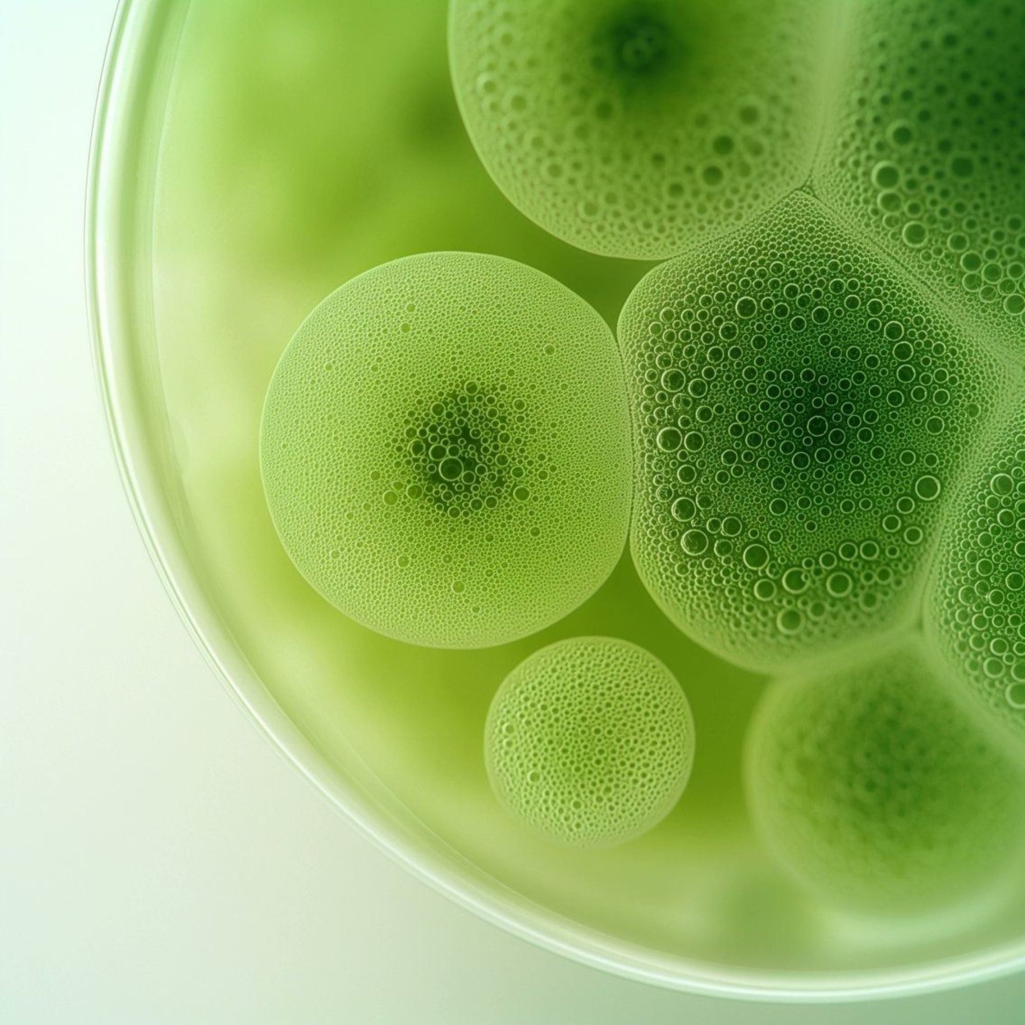 Close-up of green algae bubbles in a dish on a light background